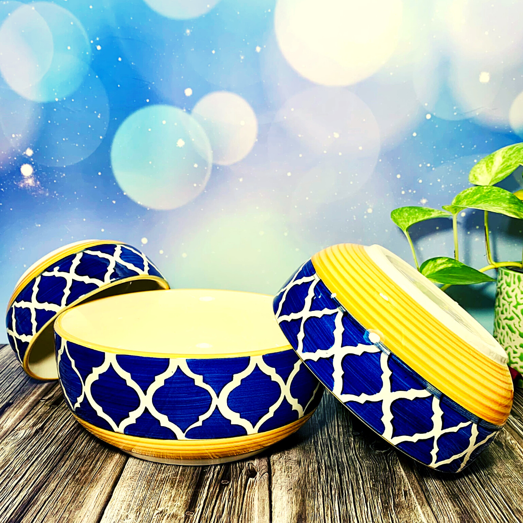 Homefrills Studio Pottery Hand-Painted Ceramic  Serving & Mixing Bowls / Katoris  for Snacks, Vegetables, Fruits, Salad, Noodles & Pasta Microwave Dishwasher Safe/BPA & Lead Free Color -Yellow & Blue 